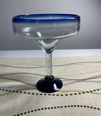 Vaso Margarita mexicano grande soplado a mano diseño azul cobalto y verde vajilla Foto 1 de 4