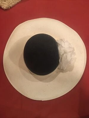 Miss Bierner Hat Wide Brim Navy & White Straw Lovely! 15” Diameter - Image 1 of 4
