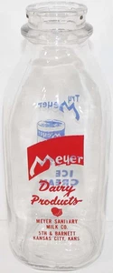 Vintage Milchflasche MEYER MILCHPRODUKTE 2 Farben Pyro Quart SPQ Kansas City Kansas - Bild 1 von 3