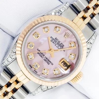 Rolex Lady DateJust Pink MOP Diamond Dial Steel and 18k Gold Fluted Bezel Watch - Image 1 of 4