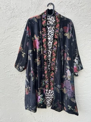 Paparazzi Kimono Cardigan with Embroidery Front Floral Velvet Black Size S - Image 1 of 4