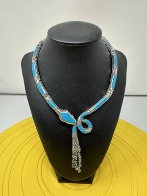 Sterling Silver Turquoise Emerald Ruby Snake Pendant Choker Necklace 87g 16.5 In - Image 1 of 4