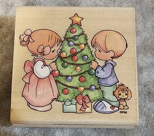 Vtg PRECIOUS MOMENTS OUR FIRST CHRISTMAS 1995 Rubber Stamp 3 x 3 decorating Tree - Picture 1 of 2
