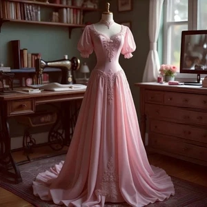 Elegantes vestidos de graduación rosa abullonados mangas cortas apliques de encaje línea A hasta el suelo - Imagen 1 de 4