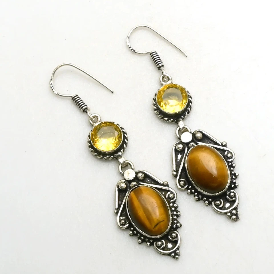 Tiger Eye Citrine Gemstone Handmade Drop Dangle Earrings Jewelry 2.2" AE-89092 - Image 1 of 1