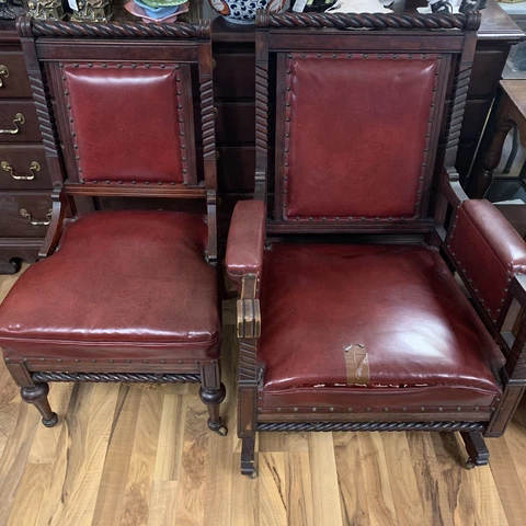 2 pc. Antique 1900 English Barley Twist Rosewood & Red Leather 36.5" Chairs Cover