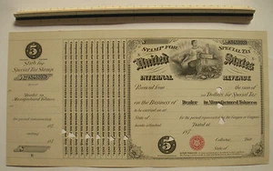 1873 $5 US Internal Revenue Stamp for Dealer in Manufactured Tobacco 14"x 7 1/8" - Bild 1 von 1