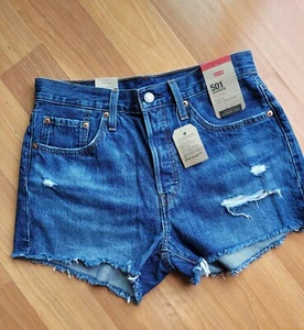 Levis Levi Strauss Damen Gr. 28 blau abgenutzt hoch geschnitten Denim Shorts neu mit Etikett - Bild 1 von 6