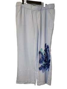 NEW Palazzo Pants Womens 1X Teal Feathers Pockets Lightweight Travel Vacation - Picture 1 of 6