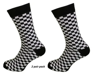 Mens 2 Pair Pack Black and White Check Retro Socks - Picture 1 of 2