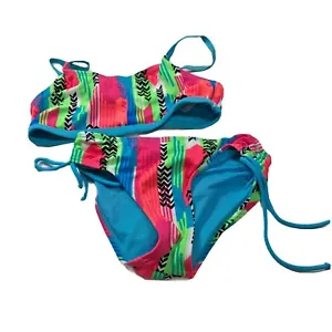 Justice girls size 7 swim suit Blue Multi Color Aztec Stripe 2 piece Bikini  - Picture 1 of 7