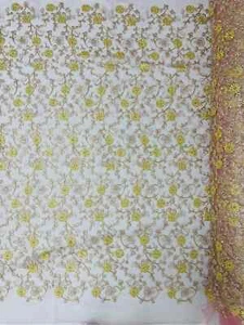 Floral Lace Fabric Yard - Metallic Gold Flowers With Rose Leaves and Mauve Tulle - Picture 1 of 6