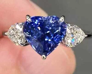 5.00Ct Heart Cut Lab Created Blue Sapphire Engagement Ring 14k White Gold Plated - Picture 1 of 9