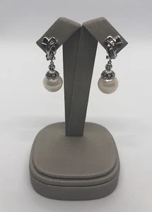 Estate 18k Solid White Gold Pearl Genuine Diamond Earrings - Picture 1 of 4