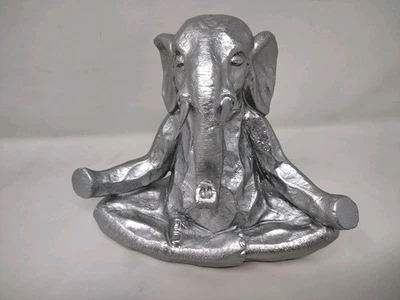 Elephant Silver Finish Resin Decor Zen Yoga Lotus Meditation Serenity 6 Inch - Image 1 of 4
