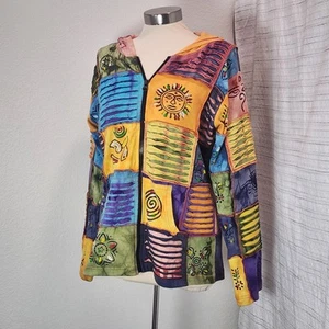 RISING INTERNATIONAL Jacke Gr. L Boho Hippie Patchwork Kapuze Reißverschluss - Bild 1 von 13