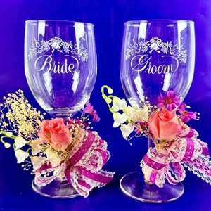 VTG Bride & Groom Floral Ribbon Champagne Flutes Wedding Toasting Glasses Set - Picture 1 of 11