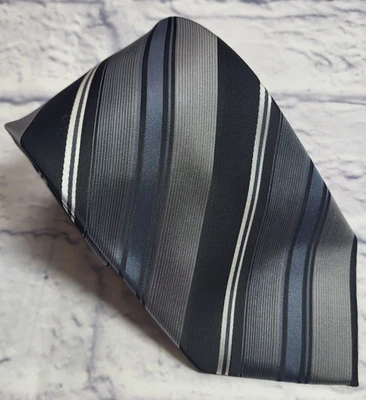 John Ashford Polyester Tie Gray Black White Blue Stripes Men Necktie 57 x 3.25 - Image 1 of 4