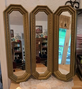 3 Vintage Home Interiors Octagon Wall Accent Mirrors 18"x5" Gold Plastic **Flaws - Picture 1 of 15