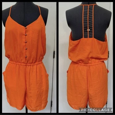 SEXY XOXO ORANGE SILKY CHIFFON SHORTS ROMPER HALTER SPAGHETTI STRAPS BEADED L - Image 1 of 4
