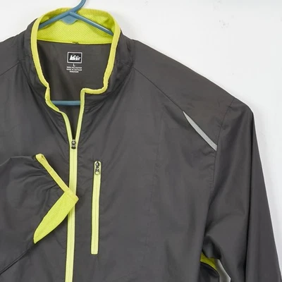 REI Jacket Mens Large Gray Yellow Full Zip Running Windbreaker Reflective Hiking - Image 1 of 4