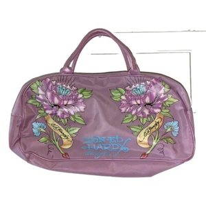 Y2K Don Ed Hardy Designs Flower Peony Tattoo Small Duffle Zip Bag 20x7x8" Lilac - Picture 1 of 24