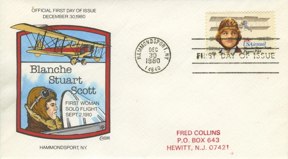 #C99 Blanche Stuart Scott, Collins Hand-Painted SINGLE  FDC Perfect! - Image 1 of 1