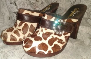 Vintage Very Volatile Brown/White Animal Fur Rhinestone Buckle Clogs Mules Heels - Picture 1 of 8