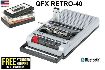 QFX Retro-40 Shoebox Cassette Tape Recorder Bluetooth AUX/USB Built Mic-silver