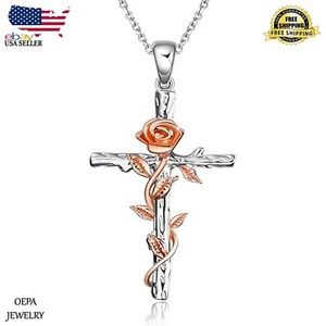 Cross Necklace for Women 925 Sterling Silver Cross Rose Flower Necklace - Picture 1 of 6