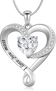 925 Sterling Silver Jewelry Engraved Love Heart Pendant Necklace Gift for Women - Picture 1 of 7