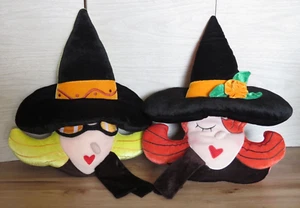 Lot 2 JoAnn Halloween Witch Face Sister Plush Blonde Red Hair Kitsch Pillows 17" - Picture 1 of 24