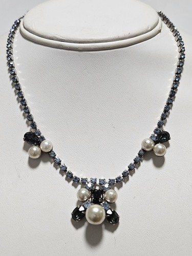 VETEMENTS Collana Vintage Anni 60 Strass Blu Finta Perla Regolazione 13 15" Girocollo Bavaglino Statement