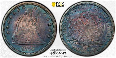 1877-CC 25C Liberty Seated Quarter PCGS XF Details Blue Toning!! Cover