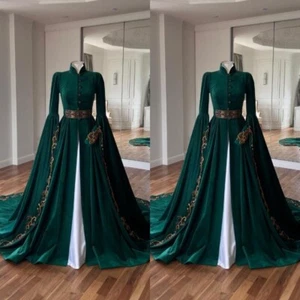 Muslim Wedding Dress Green High Neck Long Sleeve Vintage Sweep Train Bridal Gown - Picture 1 of 10