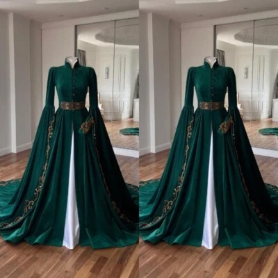 Vestido de novia musulmán verde cuello alto manga larga vintage tren barrido vestido de novia Foto 1 de 4