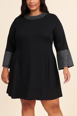 VENUS Size 18 Black Silver Embellished Mock Neck Bell Sleeve Ponte Mini Dress - Image 1 of 4