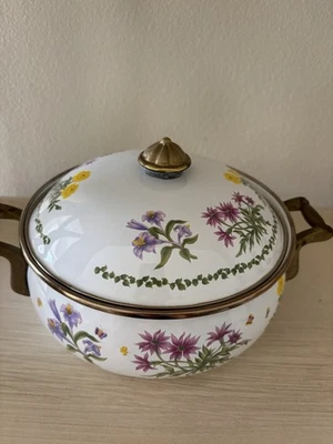 Panelas vintage Lincoware esmalte em aço alças de latão, padrão floral - Imagem 1 de 4