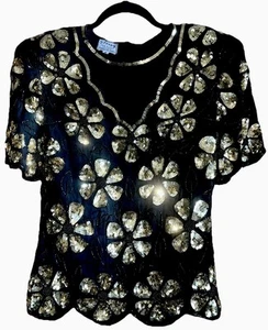 Stenay Women SMALL Sequin Floral Black W/ Gold Daisies Blouse Party VINTAGE 80s - Picture 1 of 22