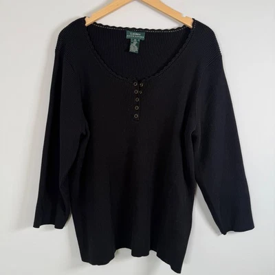 Camisa Top Lauren Ralph Lauren 100% Algodón Encaje Acanalada Henley Manga Larga 2X Foto 1 de 4