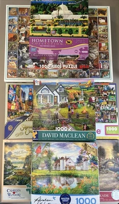 Lote de 8 quebra-cabeças 1000 peças quebra-cabeças Kinkade, Wysocki, paisagem de gatos da montanha branca - Imagem 1 de 4