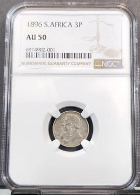 1896 SOUTH AFRICA SILVER 3 PENCE ZAR JOHANNES KRUGER NGC AU 50 SCARCE HIGH GRADE - Image 1 of 3