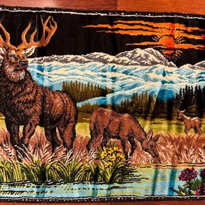 Vtg DEER ELK wall hanging Lebanon velvet Tapestry WATER Mtns 19"x39" hunt camp - Picture 1 of 8