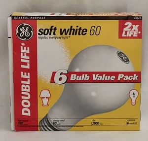 GE 60 WATT 6 PACK LONG LIFE SOFT WHITE LIGHT BULBS Double Life - Picture 1 of 3