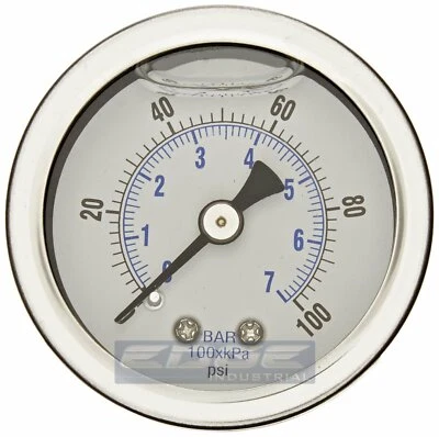 LIQUID FILLED PRESSURE GAUGE 0-100 PSI, 1.5" FACE, 1/8" NPT BACK MOUNT - Image 1 of 2