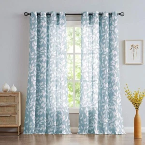 Paquete de 2 cortinas azules blancas para ventana de salón 108" de longitud con estampado de hojas - Imagen 1 de 5