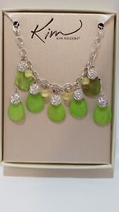 Kim Rogers Gift Set Necklace & Earrings In Box. Green Shell & Silvertone Rose