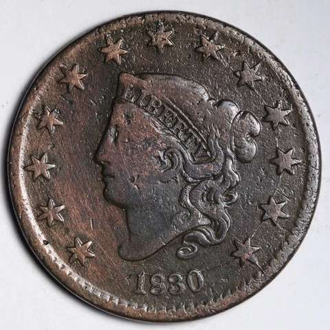 1830 Die Crack Coronet Head Large Cent CHOICE FINE/VF E287 UCH Cover