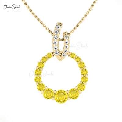 Solid 14k Gold Circle Pendant With 5mm Yellow Sapphire Diamond Wedding Necklace - Image 1 of 4