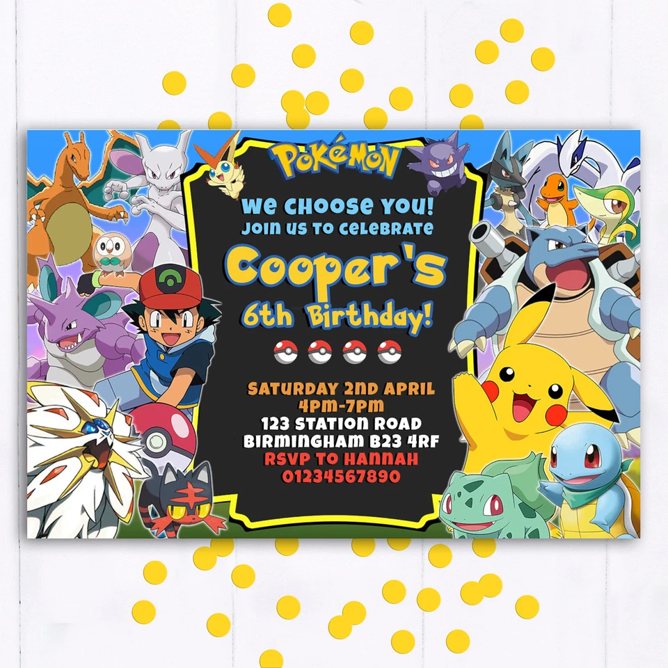 SUNSHINE PARTY UK Personalised Pokemon Party Invitations, Birthday Invites, 10 pack